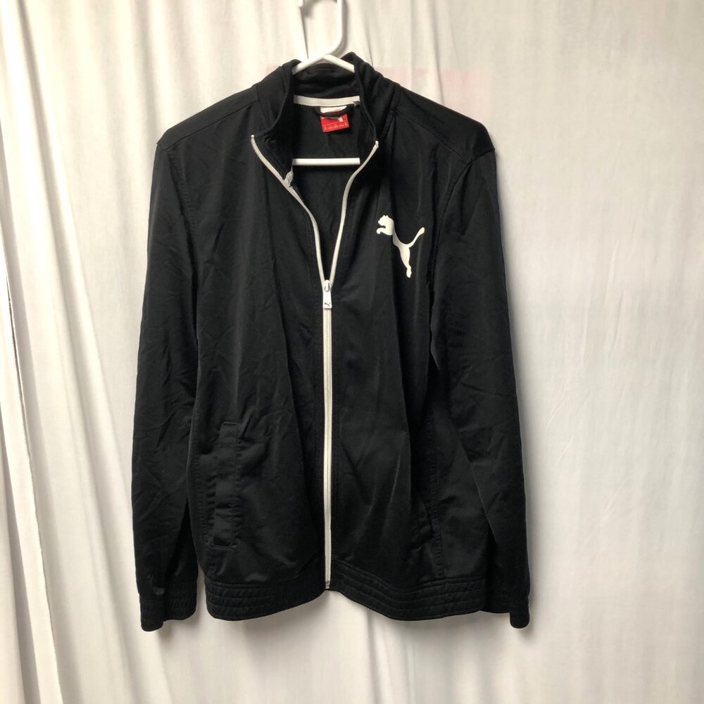 Puma Performance Jacket Mens Size Medium Black Zippered Slit Pockets Sweatshirt